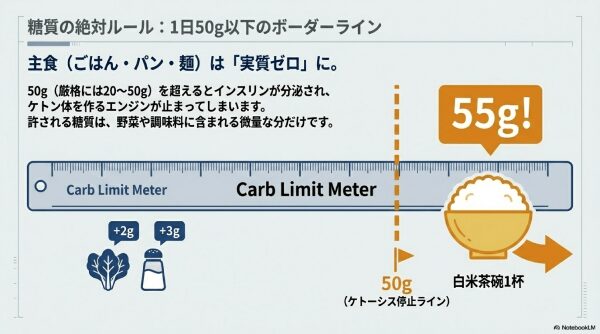 糖質は1日50g以下に抑える